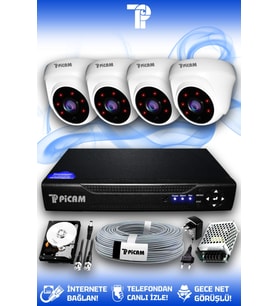 PICAM 4 Kameralı Dome 4 İç Kamera Set 1 TB HDD Full HD Gece Görüşlü Güvenlik Kamerası Sistemi