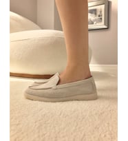 MonaMae %100 Hakiki Deri Bej Süet Kadın Loafer