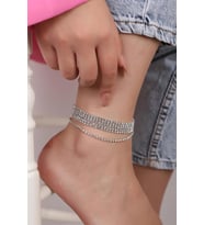 Gümüş Kaplama  Su Yolu Kristal Taşlı 3 Katmanlı Halhal Çoklu Halhal Silver