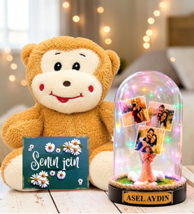 Kişiye Özel 3 Fotoğraflı Renkli LED Işıklı Fanus(şans melekli) ve Peluş Maymun Sevgiliye Hediye Kadına Hediye