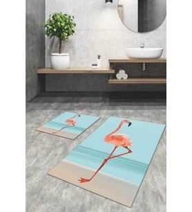 Turkuaz Flamingolu Banyo Halısı Klozet Paspas Seti BS043