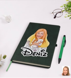 BK Gift Kişiye Özel Kadın Mimar Karikatürlü Yeşil Termo Deri Defter Kalem Seti Model 1
