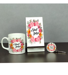 Çiçek Tasarımlı Üçlü Set (Kupa + Telefon Standı + Anahtarlık)