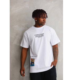 Erkek Bisiklet Yaka Baskılı Oversize T-Shirt - Beyaz