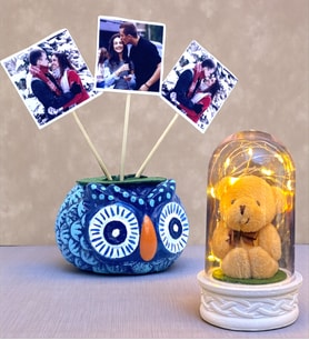 Sizlere Özel Hediye Seti 3 Fotoğraflı Baykuş Tasarımlı Saksı ve Led Işıklı Fanus (Model 6)