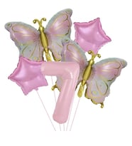 Gold Kelebekli Pembe 7 Yaş Rakam Balon Set