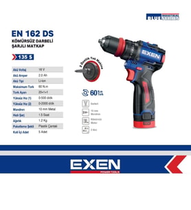 EXEN EN 162 DS - 16V 2Ah 60N.m Kömürsüz Darbeli Şarjlı Matkap EX010503