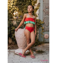 MİLAYS Kız Çocuk RENKLİ üstü çift katmanlı Mayo ,Bikini 2 Lİ Takım (Yılbaşı Kırmızısı)