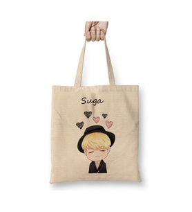 Suga Chibi Face Bts Beyaz Bez Çanta Uzun Saplı Alışveriş Çantası Plaj Çantası