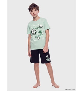 LCW Kids Yeşil Bisiklet Yaka Erkek Çocuk Şortlu Pijama Takımı
