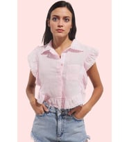 Kadın Pamuk Düz Desenli Kolsuz Crop Bluz Gömlek Yaka Flamlı Yazlık İş Gömleği Günlük Kullanım (Açık Pembe)