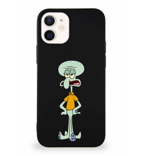 Apple iPhone 12 Soft Premier Kapak Squidward Dokunaç Tasarımlı Silikon Kılıf - Siyah (Şeffaf)
