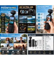 Kalobee Pocket3 Pro 4K Ultra HD El Tipi Kamera 180° Döner Başlıklı Otofokus Vlog Kamerası Dokunmatik Ekranlı Cep Kamerası