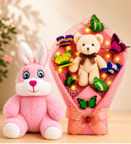 LED Işıklı Peluş Ayıcık Buketi ve Pembe Peluş Tavşan Sevgiliye Arkadaşa Anneye Kadına Hediye