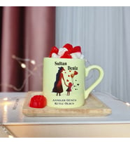 Anneler Günü Tasarımlı Kişiye Özel Sarı Türk Kahvesi Fincanı