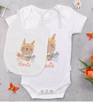 BK Kids Kişiye Özel İsimli Bebek Body Zıbın ve Mama Önlüğü Hediye Seti - Model 14