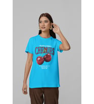 Unisex Erkek/Kadın CHERRIES Özel Baskılı Oversize Pamuklu Bisiklet Yaka T-Shirt (Mavi)