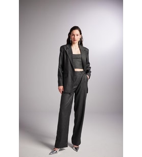 Oversize Kesim Simli Çizgili Eden Blazer Ceket Siyah