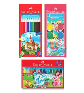 Faber Castell Kuru Boya 12 li Tam Boy - Pastel Boya 12 li - Sulu Boya 12 li - 3 lü Set