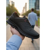 Enoch Hakiki Deri Siyah Su İtici Özellikli Erkek Sneaker Ortopedik Taban