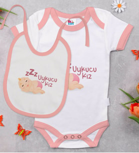 BK Kids Uykucu Kız Tasarımlı Pembe Bebek Body Zıbın ve Mama Önlüğü Hediye Seti-1