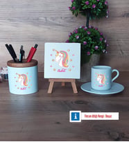 Unicorn Hediye Seti Dekoratif Taş, Kalemlik, Ahşap Altlıklı Türk Kahvesi Fincanı Hediye (Model 2)