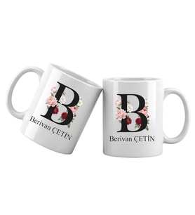 B Harfli Kişiye Özel İsimli Porselen Kupa Bardak – Çiçekli Monogram Harf Tasarımlı İsim Yazılı Kişiselleştirilebilir Hediye Kupa (Beyaz)
