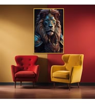 Metal Çerçeveli Temperli Cam Tablo Savaşçı Aslan (Gold)