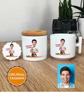 Kişiye Özel Karikatürlü Aşçı Hediye Seti T Kupa, Kalemlik, Anahtarlık Erkek Aşçıya Hediye (Beyaz)
