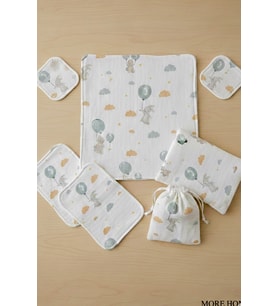 More Home Bebek Müslin Set %100 Pamuk 7 Parça Battaniye Ağız  Bezi Müslin Tavşanlı Balonlu Sarı Gri