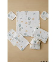 More Home Bebek Müslin Set %100 Pamuk 7 Parça Battaniye Ağız  Bezi Müslin Tavşanlı Balonlu Sarı Gri