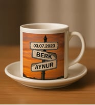 BK Gift Kişiye Özel Aşkın Yol Tabelası Tasarımlı Türk Kahvesi Fincanı-1, Sevgiliye Hediye, Eşe Hediye, Yıldönümü Hediyesi