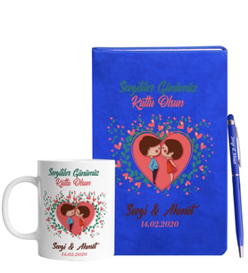 Sevgililer Gününe Özel Mavi Defter Kalem & Kupa Hediye Seti 2