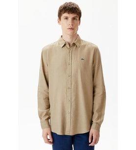 Lacoste Men's Regular Fit Button-Down Collar Linen Shirt Erkek Düğmeli Yaka Keten Gömlek Bej