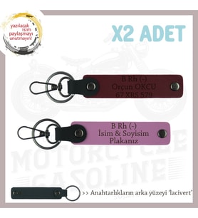 Tarz Sahibine, İsim Plaka ve B Rh (-) Kan Grubu Yazılı Hediye, Deri x2 Anahtarlık, Pembe-Bordo-Laci (Çok Renkli)