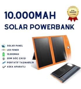 10,000mAh Solar Güneş Enerjili 2 Panelli 1 Type-C - 2 USB Çıkışlı 20W Hızlı Şarjlı Powerbank