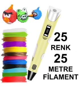 SARI 3D Kalem Yazıcı+25 renk 25 metre (25x1metre) PLA Filament