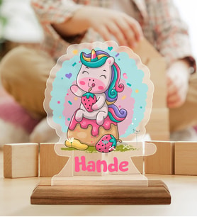 BK Gift Kişiye Özel İsimli Sevimli Unicorn Tasarımlı Ahşap Standlı Pleksi Biblo-1