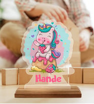 BK Gift Kişiye Özel İsimli Sevimli Unicorn Tasarımlı Ahşap Standlı Pleksi Biblo-1