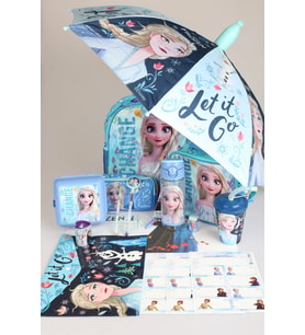 DEKOMUS LİSANSLI ELSA FROZEN KILIFLI ŞEMSİYE İLE TEK BÖLMELİ KÜÇÜK BOY 32 CM ANAOKUL ,BESLENME VE KALEM ÇANTASI,MATARA,BESLENME KABI İLE FULL OKUL/KIRTASİYE SETİ
