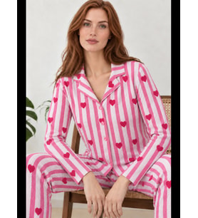 Night Kadın Uzun Kollu Gömlek Yaka Çizgili Kalpli Pijama Takımı 4770