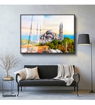 Siyah Renk Metal Çerçeveli Tamperli Cam Tablo Sultanahmet Camii ve Ağaçlar Şehir Mimari Tablo Duvar Dekoru