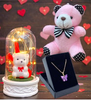 Özel Tasarım Kelebek Kolye, Peluş Anahtarlık ve Led Işıklı Fanus Hediye Seti (Model 5)