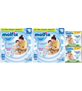 Molfix Bebek Bezi Beden:4 (7-14Kg) Maxi 200 Adet Ekonomik Ultra Fırsat Pk+6 Adet Islak Mendil