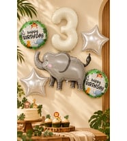 2 Yaş Fil Folyo Balonlu 5li Set ve Rakam Balon Safari Tema Balon Seti Set42