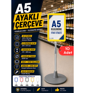 10 Adet - A5 Ayaklı Menü ve Fiyat Bilgi Standı Yuvarlak Tabanlı Teleskopik Çerçeve Etiketlik Sarı