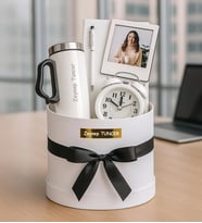 Kişiye Özel Fotoğraflı,Çerçeve,Defter,Kalem,Masa Saati Ve Termos Premium Silindir Kutu Hediye Seti (STD)