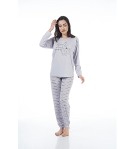 Estiva Desenli Uzun Kol Viskon Bayan Pijama Takım (Gri)