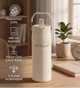 Kişiye Özel Taşıma Saplı Pipetli Paslanmaz Çelik Termos 480 mL