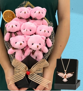 Büyük Boy 7'li Tasarım Peluş Ayıcık Buketi ve Zümrüdü Anka Kuşu Kolyesi (Model 1)